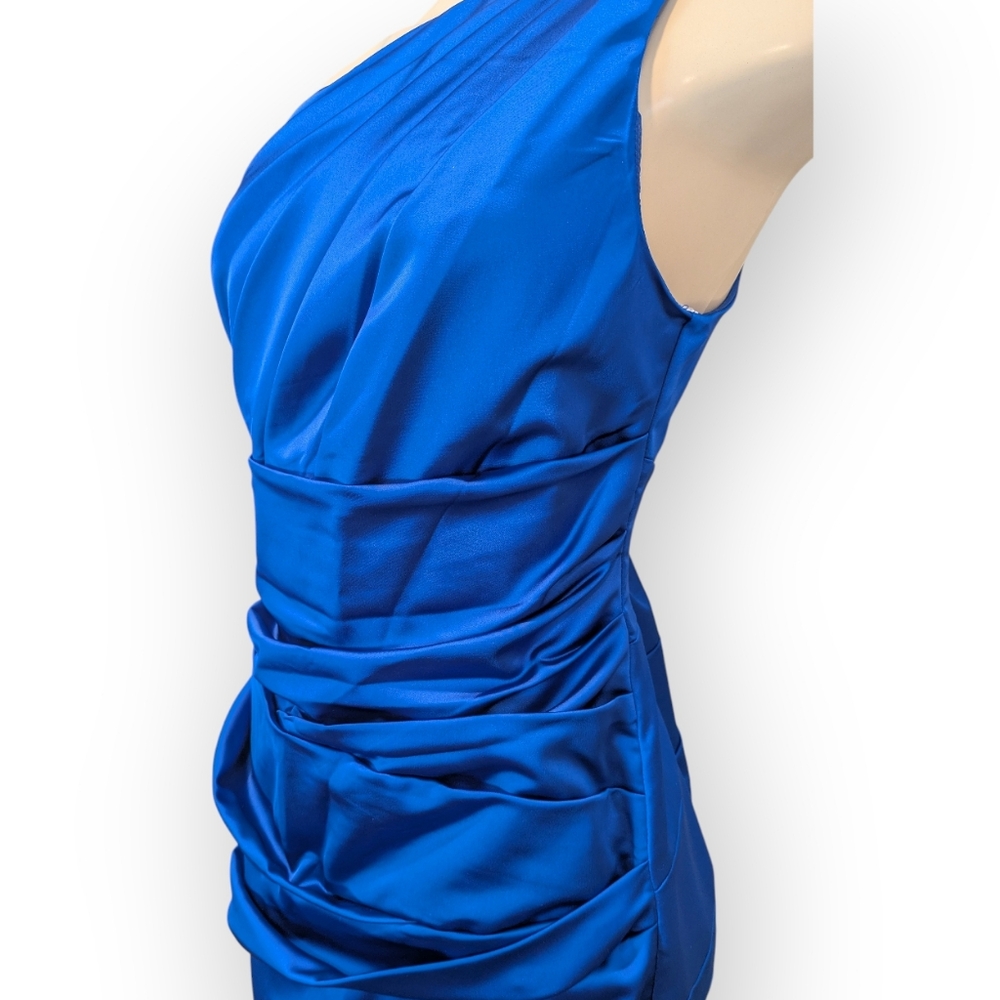 David's Bridal One Shoulder Asymmetrical Ruched Horizon Blue Cocktail Dress 16 - Picture 8 of 16
